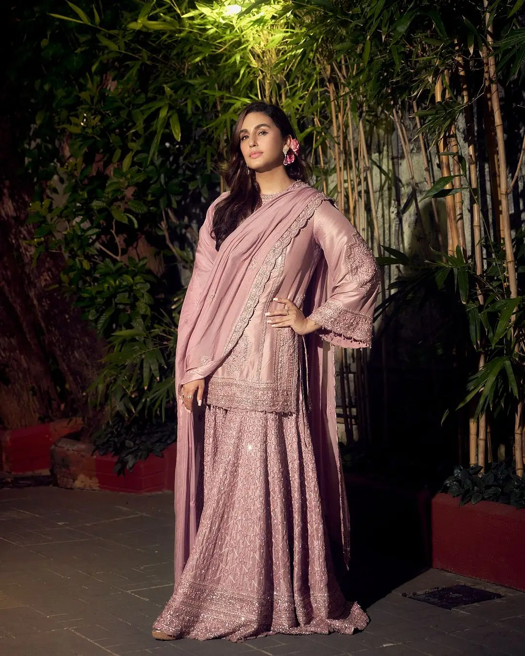 Huma Qureshi in Pink Kurta with Palazzo Dupatta